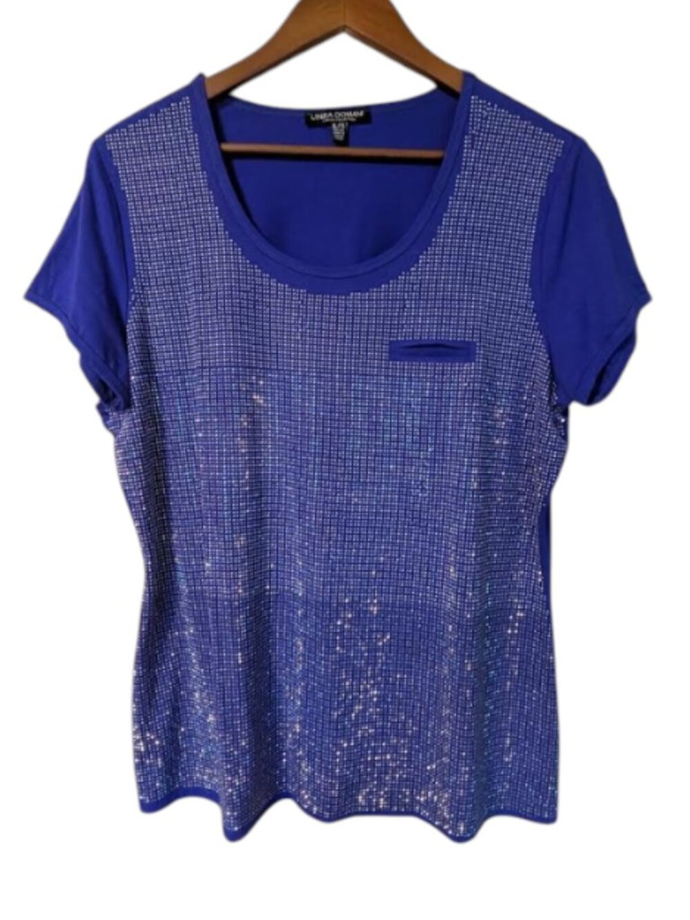 Linea Domani Royal Blue Studded Short Sleeve Top Glam Evening Sparkle NWOT